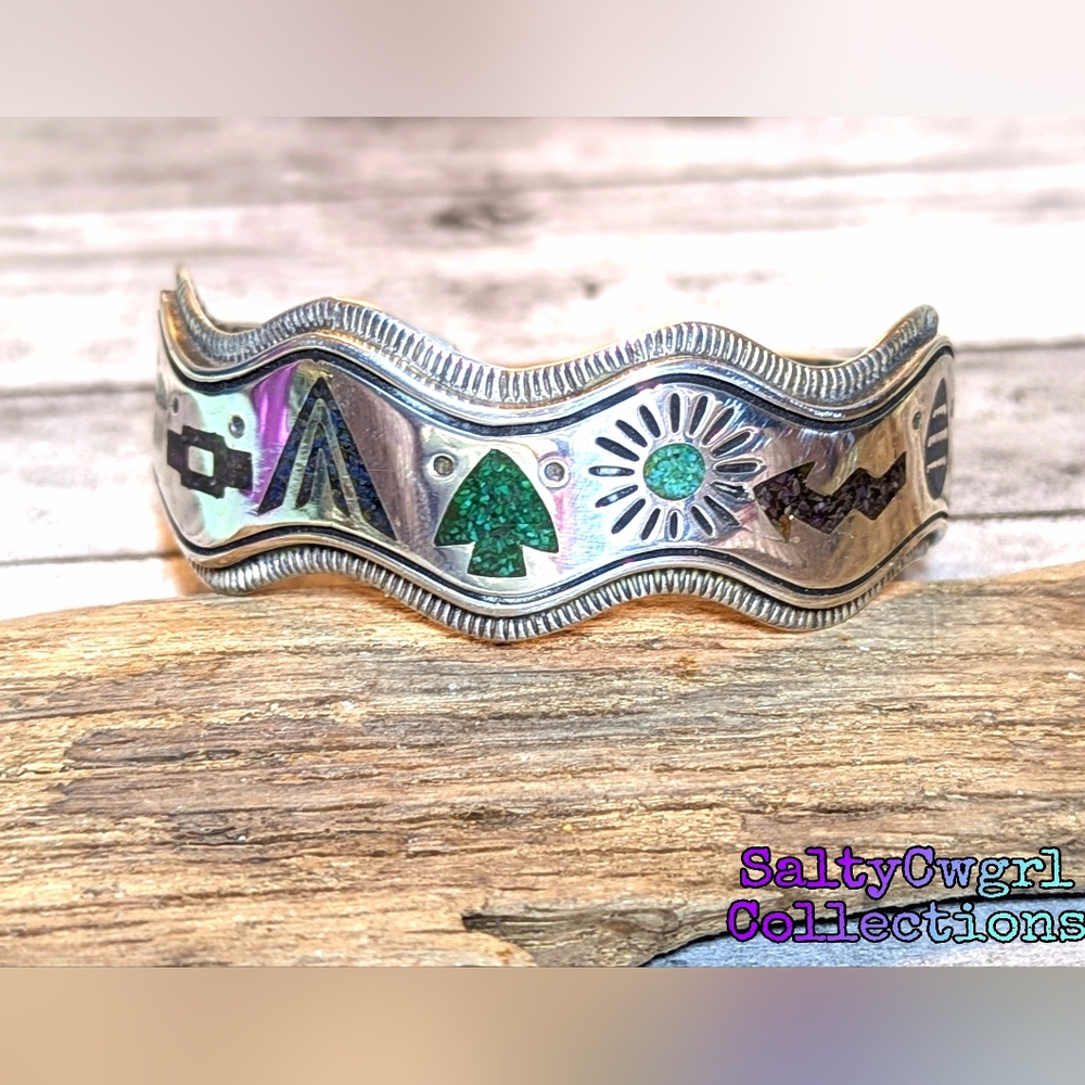 Carolyn Pollock Vintage Rare Storyteller Sterling & Inlay Stone Cuff Bracelet